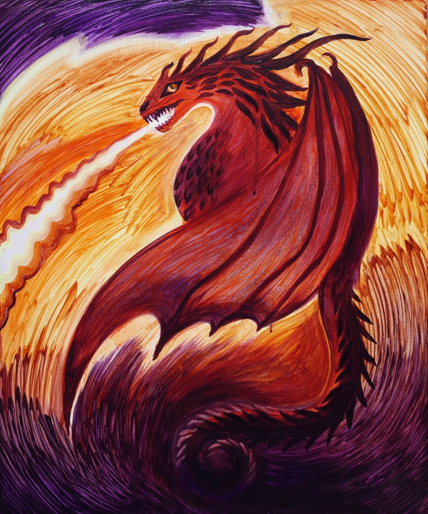drogon's dream: dancing in old valyria (fire) Diana Luna dragon fire on cotton 20x24 inch 2024, Los Angeles